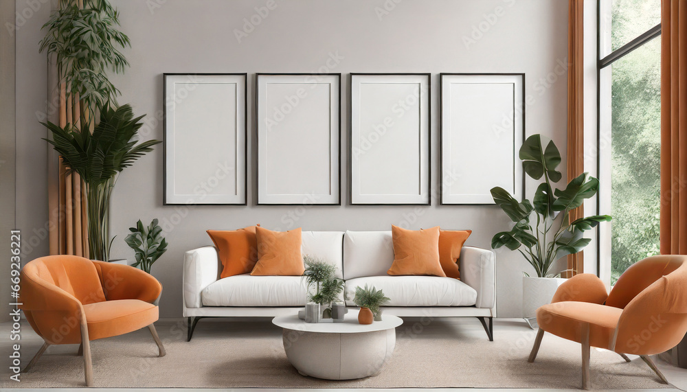 four empty vertical picture frames in a modern living room with white sofa orange pillows and plants wall art mockup set of 4 posters