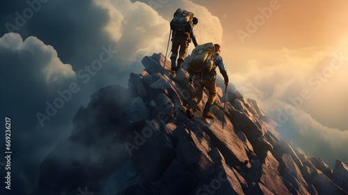 Hikers climb the mountain and help each other © Trendy Graphics