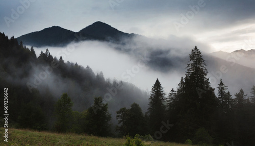 misty mountain landscape moody forest landscape with fog and mist generative ai © Alicia