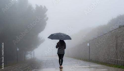 a solitary figure walking with an umbrella against a misty backdrop photo