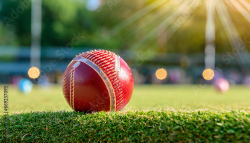 red cricket ball with prominent seams on a green pitch photo