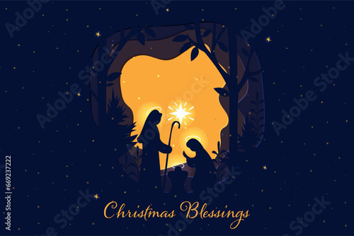 The birth of Christ, Jesus in manger and star.