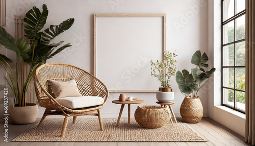 empty white wall mockup in boho room interior with wicker armchair beige pot with plants and coffee table natural daylight from a window promotion background generative ai photo