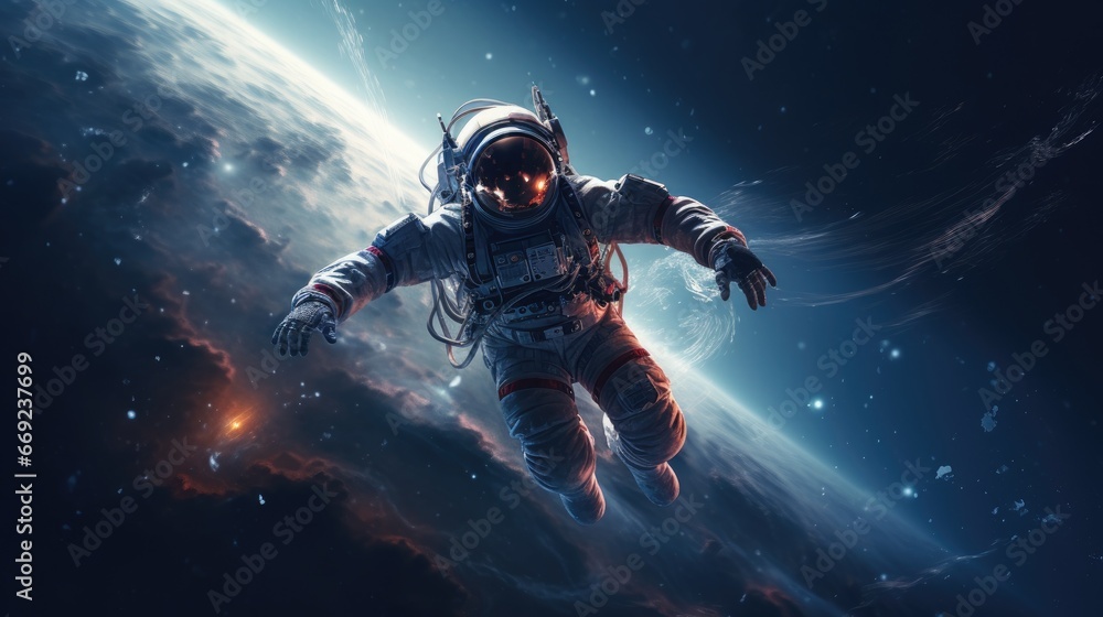 Space man astronaut flying in galaxy space wallpaper background - obrazy, fototapety, plakaty 