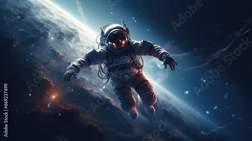 Space man astronaut flying in galaxy space wallpaper background © Irina