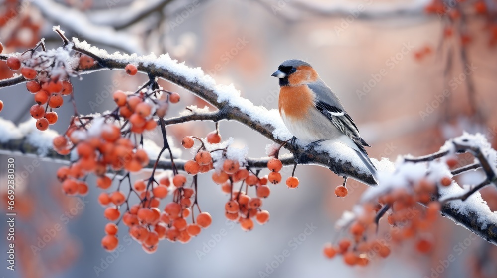 Winter snow day and frozen tree branch with berry wallpaper background Winter snow day and frozen tree branch with berry wallpaper background