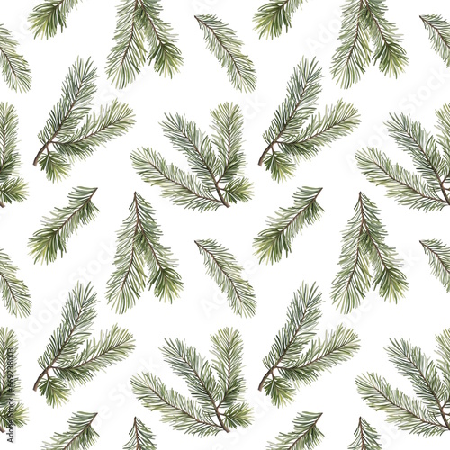 Seamless pattern with fir tree branches. Green Christmas background