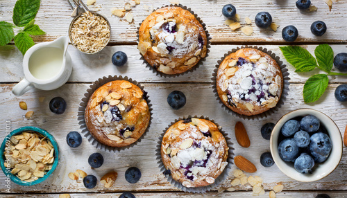 freshly baked blueberry muffins with almond oats and icing sugar topping on a rustic white wooden table with berries brown sugar top view