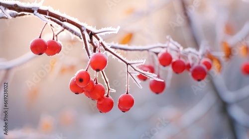 Winter snow day and frozen tree branch with berry wallpaper background photo