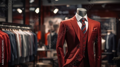 Man casual expensive jacket suit mannequin in luxury store wallpaper background