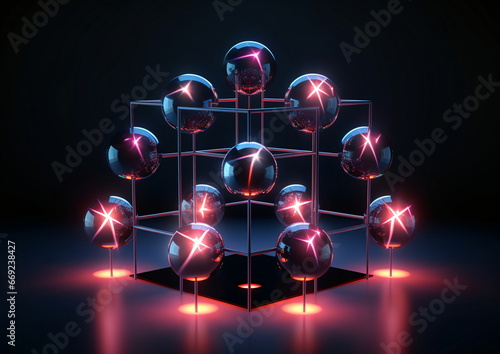 Sphere and Orbs in a Neon Cyber Network - AI Generated © atdigit