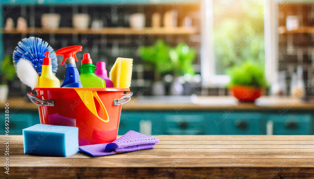 bucket with cleaning items on wooden table and blurry modern kitchen background washing set colorful with copy space banner