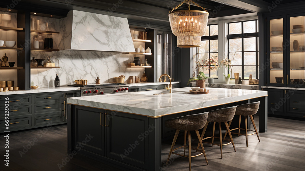 Beautiful kitchen interior with marble features 