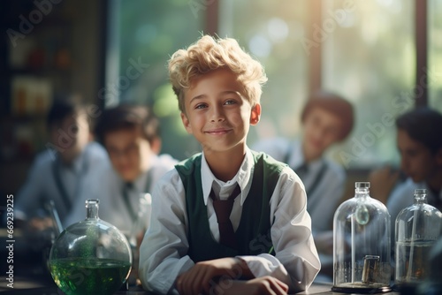 preteen boy in school uniform sitting in the laboratory photo