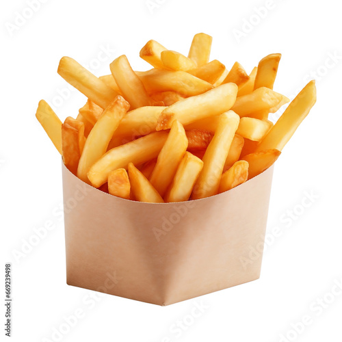 French fries in paper cup isolated on transparent background, tasty fried gold potato chips for menu in carton bag fry box package wrapper, takeaway meal, fast food, junk food, side dish, snack photo