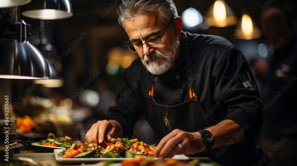 Master Chef Delicately Arranging Gourmet Dish Under the Warmth of Overhead Lamps Master Chef Delicately Arranging Gourmet Dish Under the Warmth of Overhead Lamps