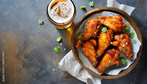 buffalo style chicken wings served with cold beer top view with copy space
