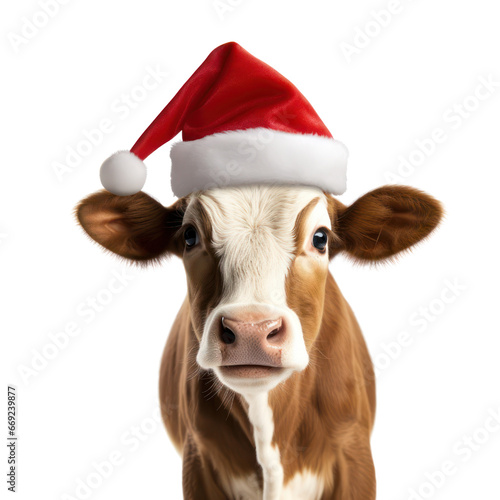 A cow wearing christmas hat. Christmas greeting card with cow. PNG. cut out © Gasi