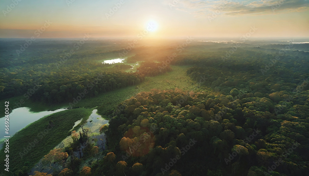 ai generated ai generative beautiful green amazon forest landscape at sunset sunrise adventure explore air dron view vibe graphic art