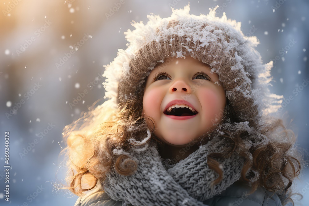Cute child with happy face wearing a warm hat and warm jacket surrounded with snowflakes. Winter holidays concept Cute child with happy face wearing a warm hat and warm jacket surrounded with snowflakes. Winter holidays concept