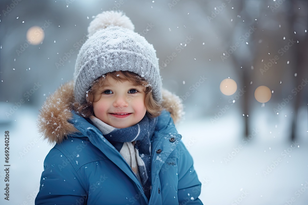 Cute child with happy face wearing a warm hat and warm jacket surrounded with snowflakes. Winter holidays concept Cute child with happy face wearing a warm hat and warm jacket surrounded with snowflakes. Winter holidays concept