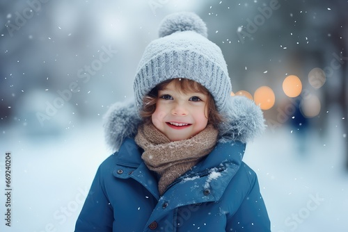 Cute child with happy face wearing a warm hat and warm jacket surrounded with snowflakes. Winter holidays concept
