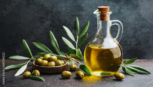 olive oil bottle and olives and leaves on dark background generative ai