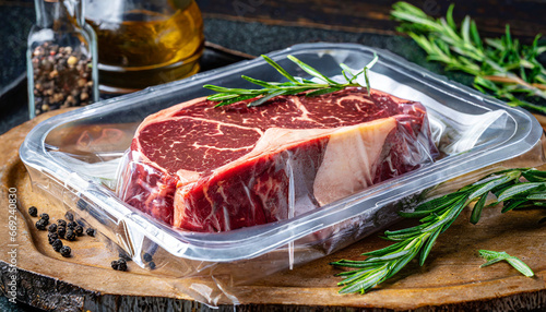 fresh raw beef ribeye steak sealed in a vacuum pack preserving its quality and freshness photo