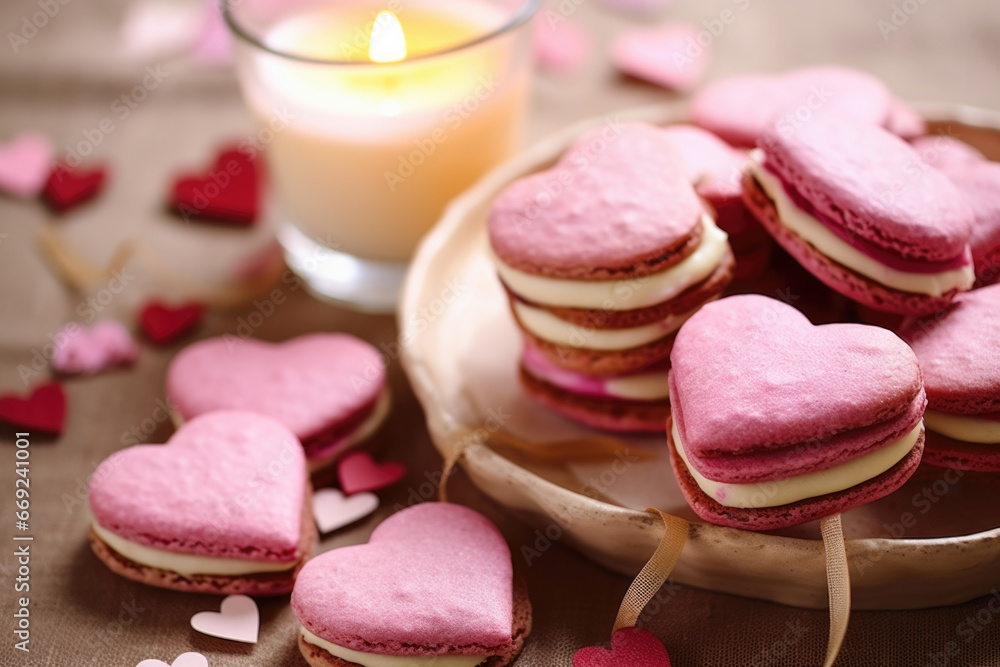 Heart-shaped cream cakes for valentine's day on a festive table with candles and flowers Heart-shaped cream cakes for valentine's day on a festive table with candles and flowers