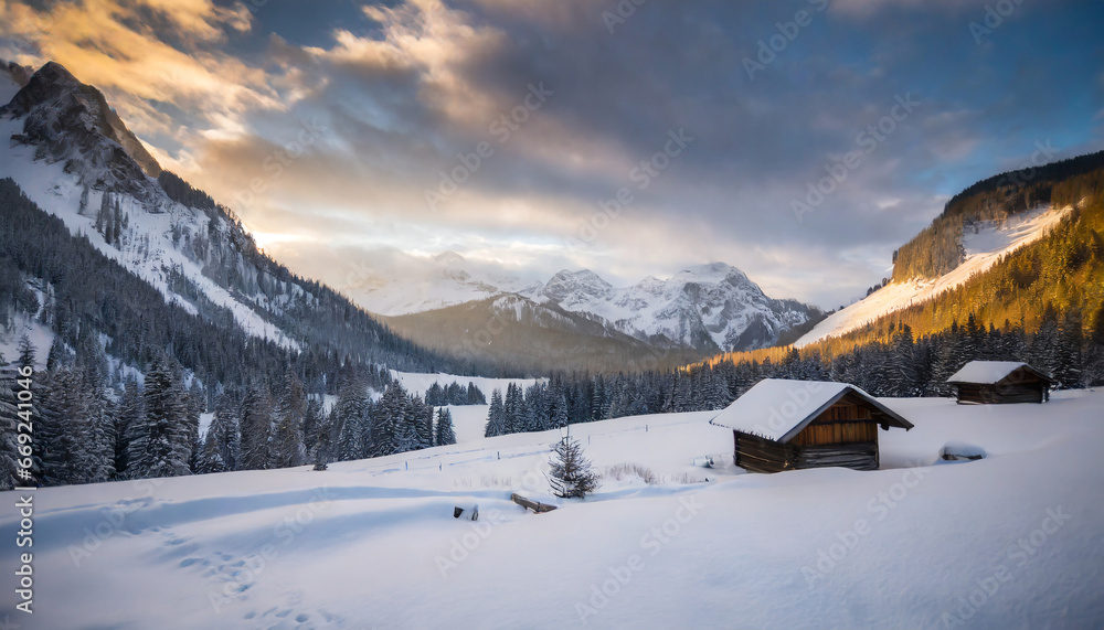 a snowy landscape with a cabin in the foreground and mountains in the background generative ai