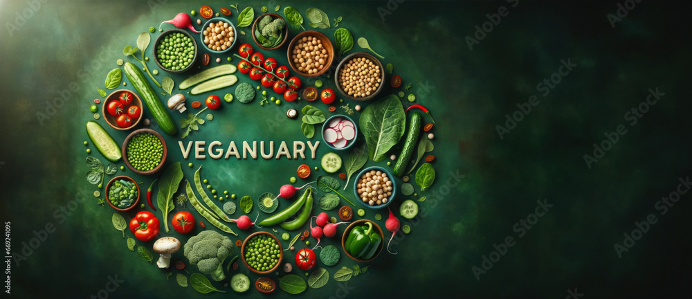 Obraz premium Vegetarian concept from vegetables, fruits and plant based protein food top view. Veganuary month long vegan commitment in January.