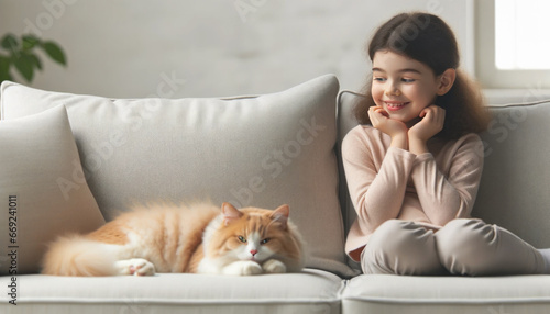 A young smiling girl sits on the sofa next to her fluffy kitten