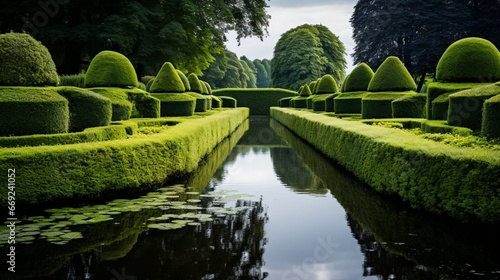 A symmetrical arrangement of meticulously trimmed hedges surrounding a tranquil pond