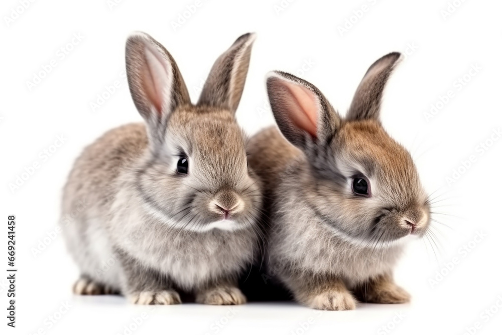AI generated cute baby rabbits isolated on white background. Two domestic rabbits are sitting next to each other and looking at the camera. AI generated cute baby rabbits isolated on white background. Two domestic rabbits are sitting next to each other and looking at the camera.