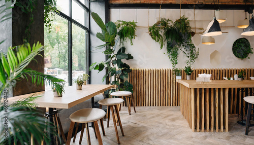 modern empty coffee shop trendy interior design with wood and greenery