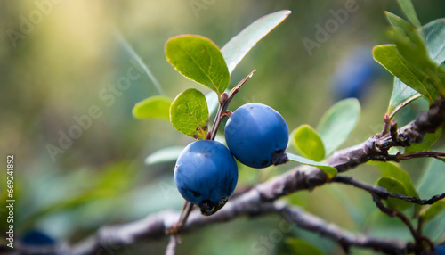 a close up of two blue berries on a tree branch generative ai