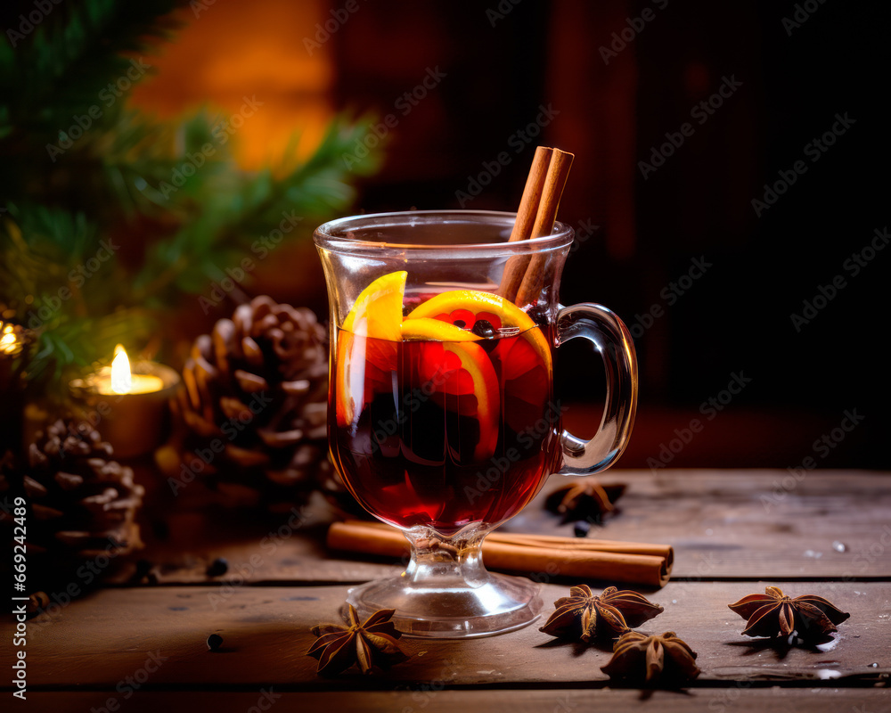 Christmas red mulled wine in a cup with cinnamon sticks, orange slices and winter decorations on wooden background Christmas red mulled wine in a cup with cinnamon sticks, orange slices and winter decorations on wooden background