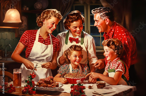 Christmas illustration created in 1950th style. Happy family cooking Christmas dinner photo