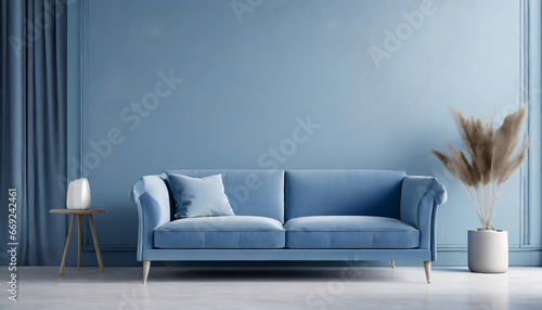 dusty blue sofa near the empty wall modern monochrome interior for mockup wall art promotion background with copyspace