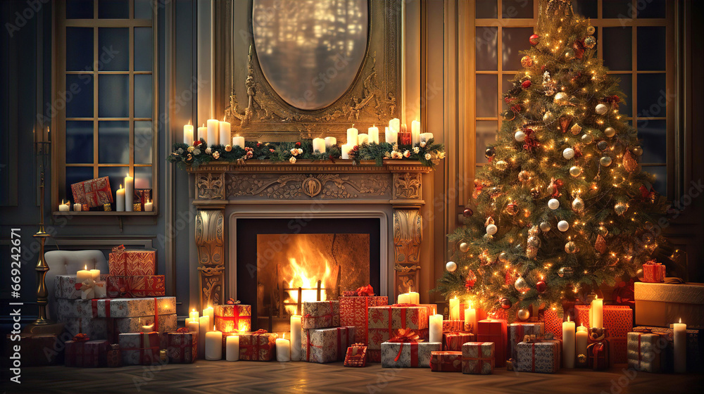 Beautiful interior of festive sitting room decorated for Christmas with Christmas tree, gifts and candles. New Year Eve 