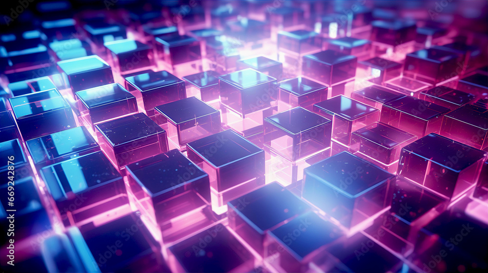 Neon glowing cubes, beautiful abstract background. A futuristic technology, data, AI and analytics concept image Neon glowing cubes, beautiful abstract background. A futuristic technology, data, AI and analytics concept image