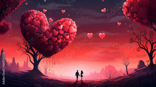 valentines day background - silhouette of couple in love among trees with hearts as leaves. Neural network generated image. Not based on any actual scene or pattern.