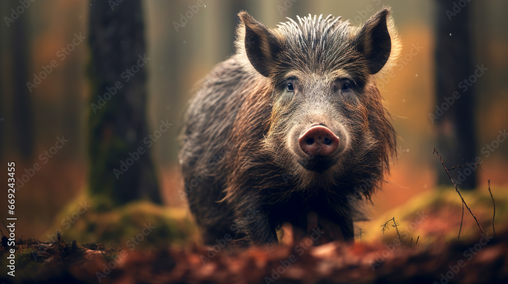 Wild boar walks in the autumn forest Wild boar walks in the autumn forest