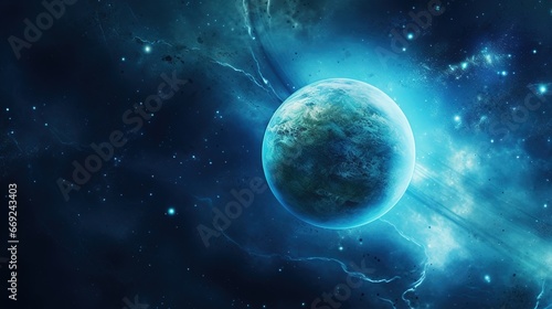 Bright blue planet Neptune in space with copyspace