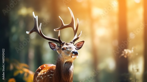 A young deer walks in the forest. Copy space © dwoow