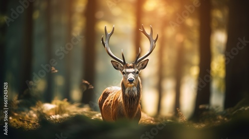 A young deer walks in the forest. Copy space © dwoow