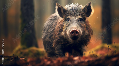 Wild boar walks in the autumn forest © dwoow