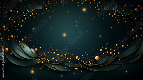 Abstract gradient petals, dark green banner, copy space, elegant background with golden lights. Christmas special offer promotional coupon in pop art style