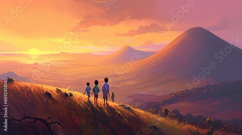 Beautiful sky sunset sunrise mountain children playing wallpaper image AI generated art