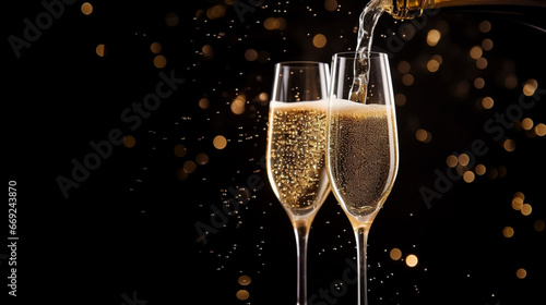 copy space, high quality photo, Two glasses of Champagne at New Year's Eve, Celebration with Golden Sparkles and Firework. Background for new year, postcard, invitation.